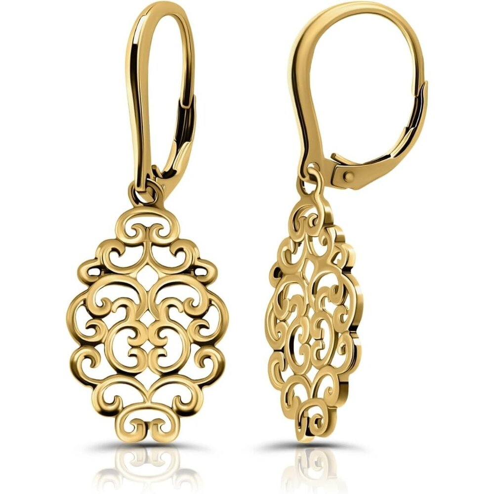 🆕Women's Yellow Gold 925 Sterling Silver Filigree Swirl Spiral Dangle Earrings
